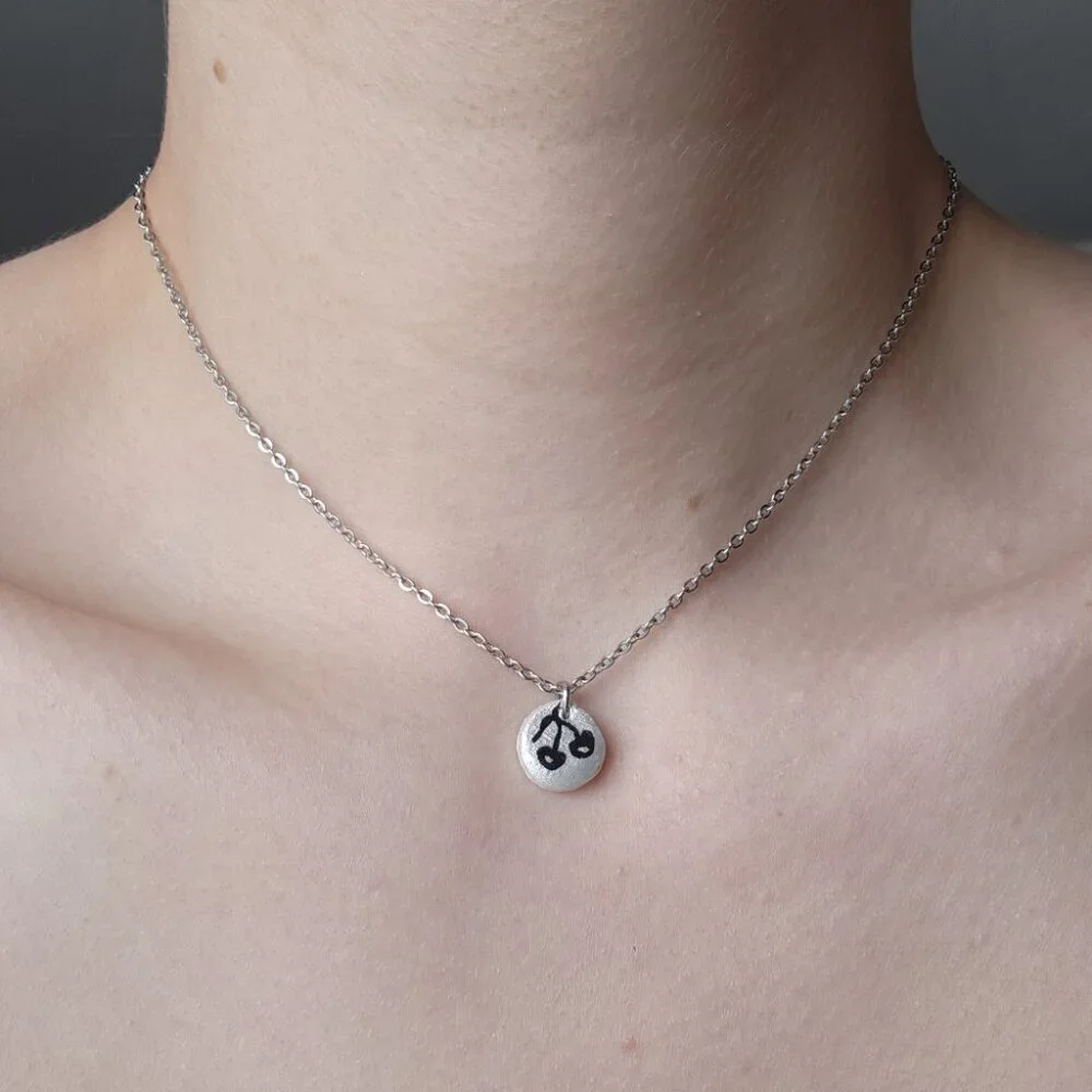 Dainty mini black cherry necklace with a small silver chain - Picture 12 of 14